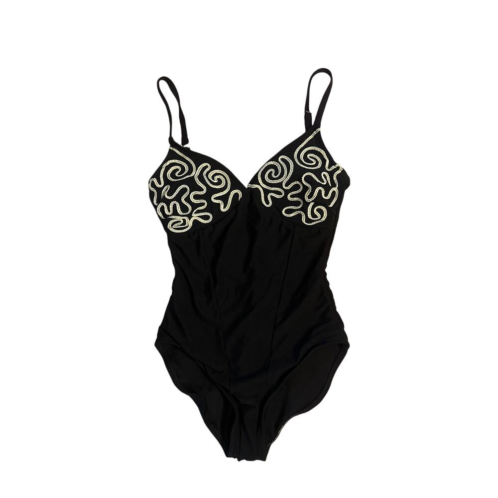 Vintage 6L SlimSuit Swimsuit Bathing Suit Black Embroidered Bust One Piece Retro